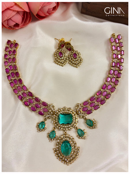 Ruby Pink and Aqua Green AD Necklace with Dominant Double Pendant
