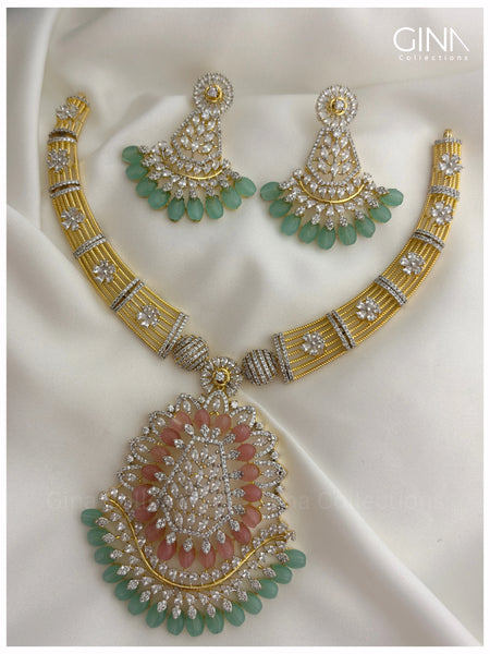 Sparkling Necklace with Dazzling Pendant with Pastel Pink and Green Beads
