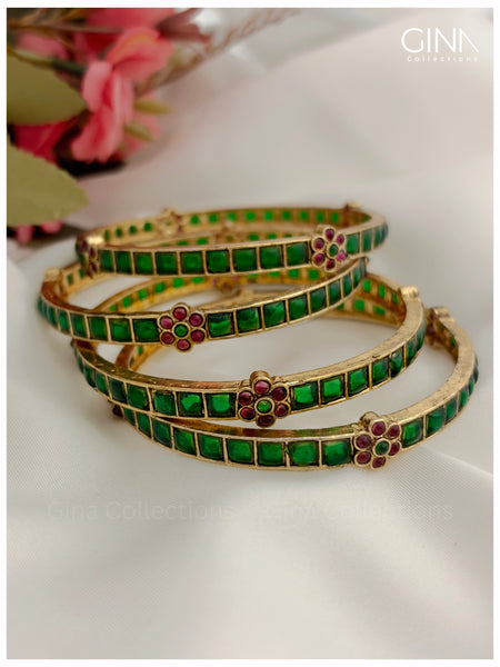 Square Cut Green Stones with Ruby Florets Bangles Alternative View
