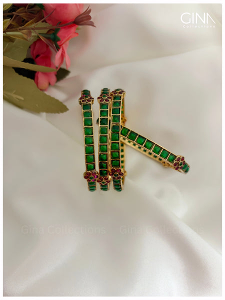 Square Cut Green Stones with Ruby Florets Bangles