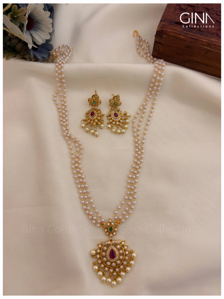 Three Layered Long Pearl Haram with Earrings