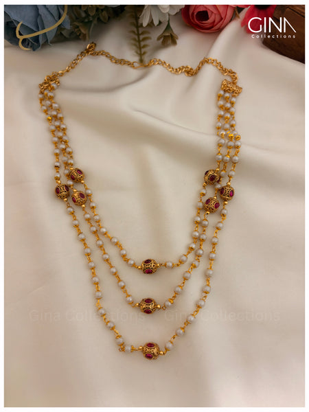 Three Layered Pearls Haram with Gundu Ruby without Earrings