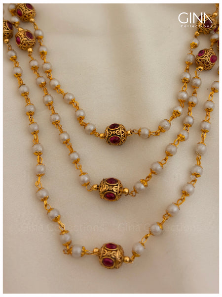 Three Layered Pearls Haram with Gundu Ruby without Earrings Alternative View