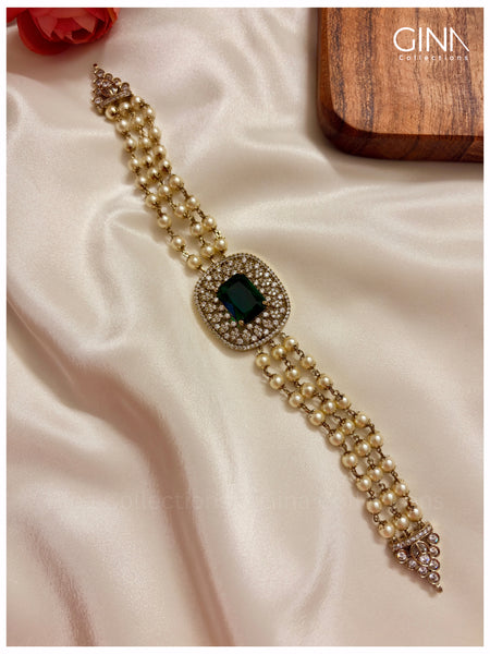Three Lined Pearl Choker with Square and Bold Emerald Pendant Alternative View