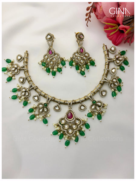 Victorian Hasli Set with emerald and Pearl Drops and Ruby Stone