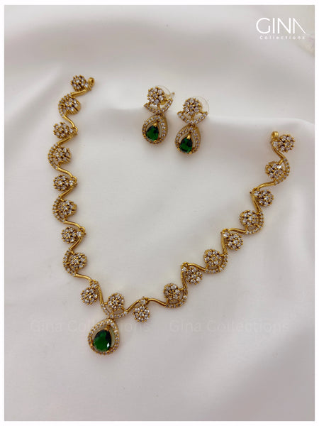 ZigZag Necklace with Emerald Drop and CZ stones