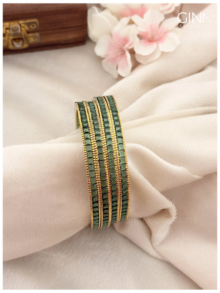 Premium Gold Plated Sleek Green Stone Bangles