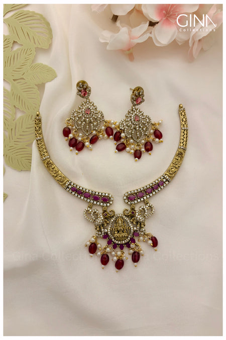 Gold CZ Lakshmi with Elephant Hasli with Ruby & Pearl Drops