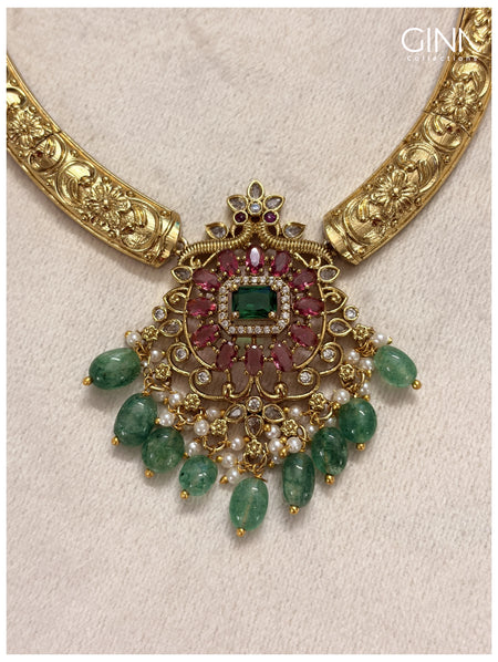 Premium Gold Plated Kanti with Emerald-Pearl Drops and Ruby Stones Alternative View