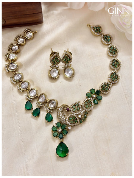 Polki Stone Mayuri Emerald Drop Necklace with Earrings