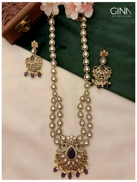 Designer Purple Stone Kundan Dimond Look Long Haram Set with Earrings for Women