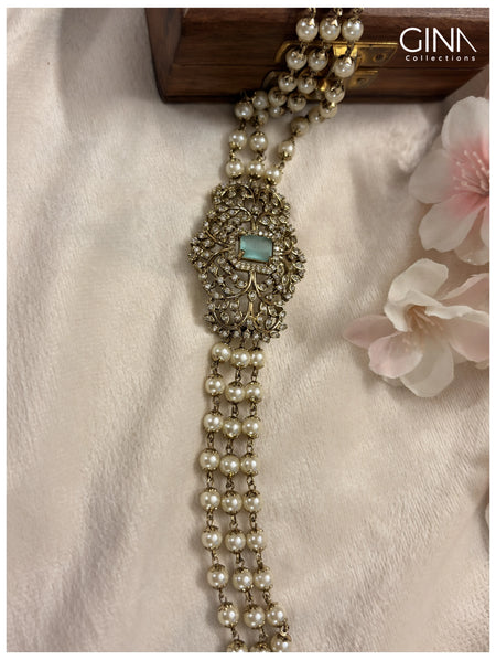 Three Layers Pearl Choker with Square Sea Green Stone - Emerald Alternative View