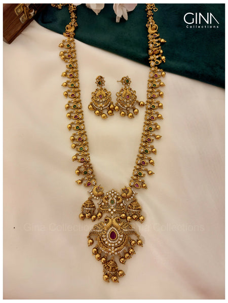 Designer Antique Gold Temple Haram with Ruby & Green Stones - Ruby & Green