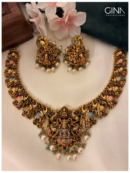 Handcrafted Nakshi Lakshmi Peacock Temple Necklace Set with Pastel Kemp Stones and Pearls - Pastel