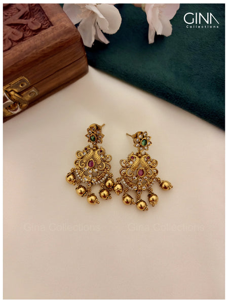 Designer Antique Gold Temple Haram with Ruby & Green Stones - Ruby & Green Alternative View