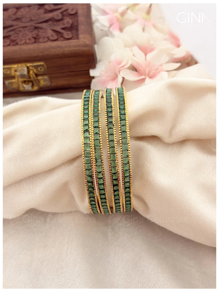 Premium Gold Plated Sleek Green Stone Bangles Alternative View