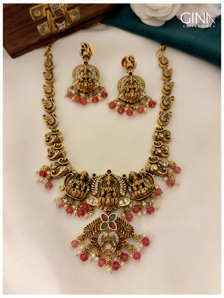 Handmade Nakshi Lakshmi Temple Necklace Set with Pink Beads