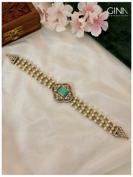 Designer Mint Green Stone Pearl Diamond Look Choker Necklace for Women Alternative View