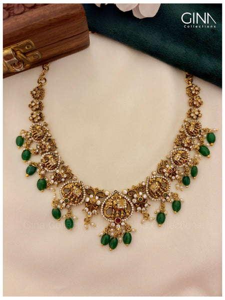 Hand Crafted Antique Nakshi Gaja Lakshmi Temple Necklace Set with Green Beads Alternative View