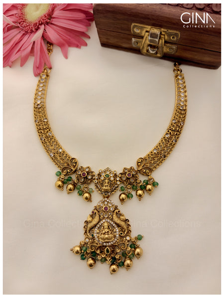 Handcrafted Nakshi Lakshmi Hasli Necklace Set with Green Beads - Green Alternative View