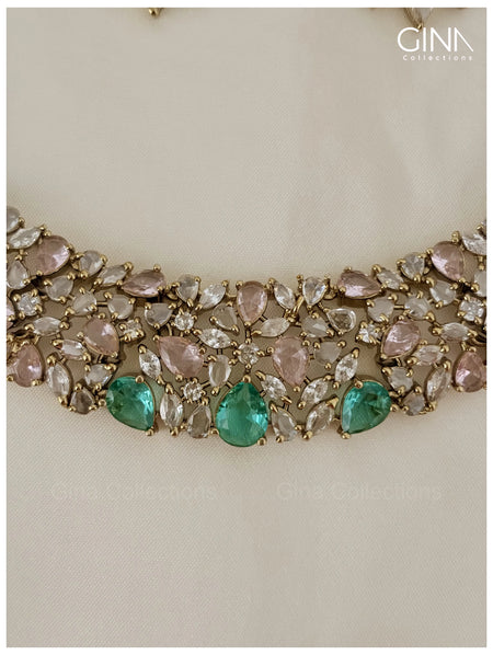 Designer Green & Pastel Pink Stone American Diamond Necklace Set Alternative View