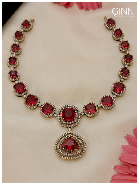 Premium Victorian Ruby Pink Necklace Set Alternative View