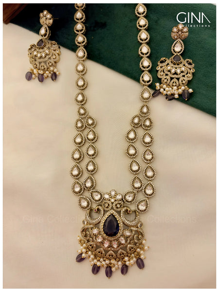 Designer Purple Stone Kundan Dimond Look Long Haram Set with Earrings for Women Alternative View