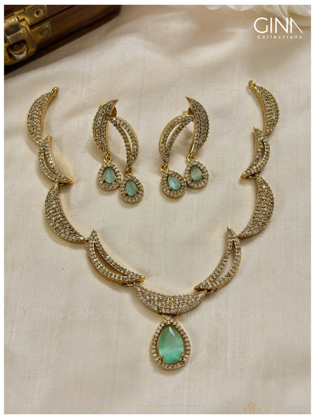 Half Moon AD Stones Drops Necklace - Sea Green