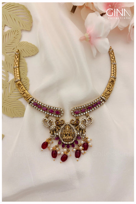 Gold CZ Lakshmi with Elephant Hasli with Ruby & Pearl Drops Alternative View