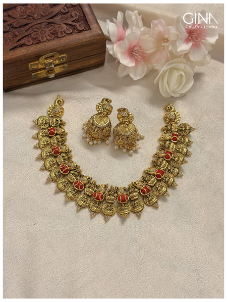 Coral Stone Lakshmi Necklace with Earrings