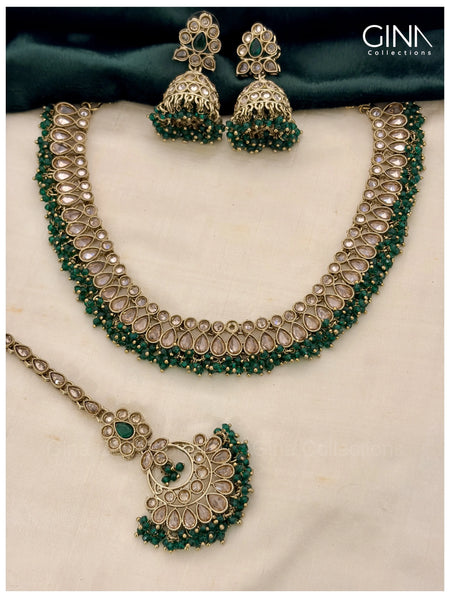Kundan Stones Emerald Necklace with Maang Tikka