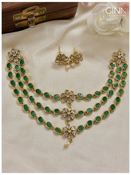Premium and Stunning Tripple Layered Emerald AD Necklace