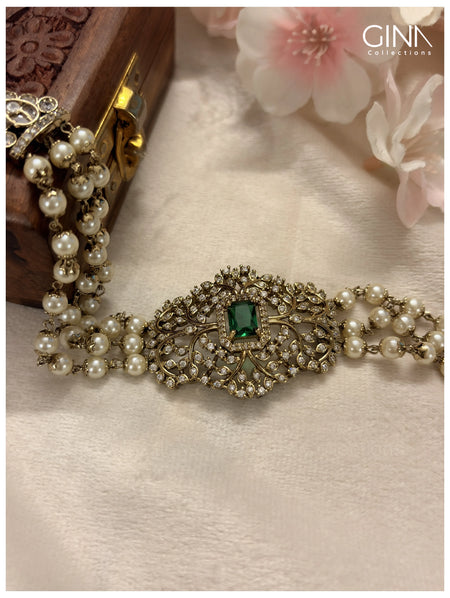 Three Layers Pearl Choker with Square Sea Green Stone - Emerald