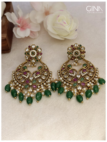 Floral Chandbali with Emerald Drops