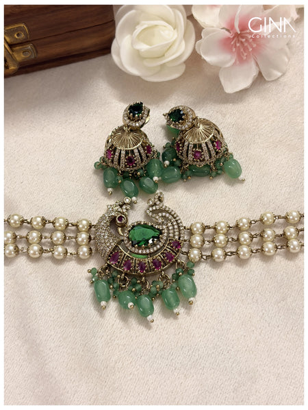 Mayuri Pearl Choker - Mint Green with Ruby