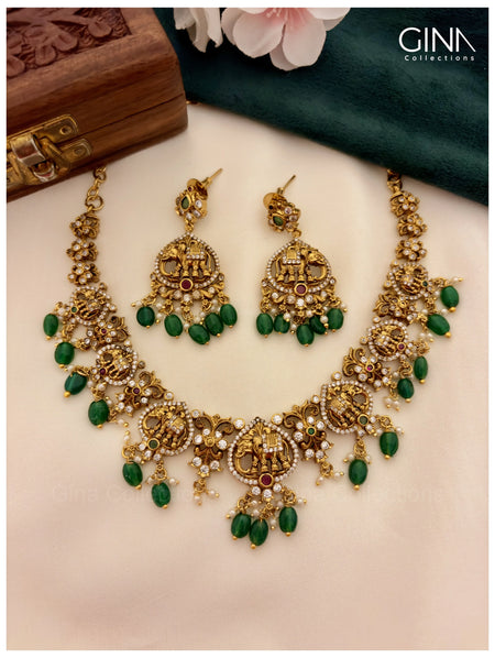Hand Crafted Antique Nakshi Gaja Lakshmi Temple Necklace Set with Green Beads