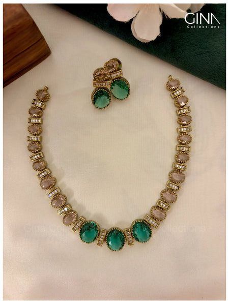 Designer Mint Green & Blush Pink Stone Diamond Look Choker Necklace