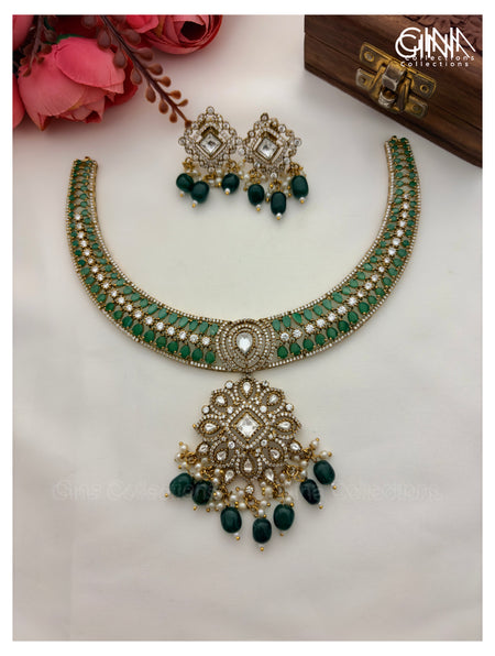 Premium Kundan Emerald AD Hasli