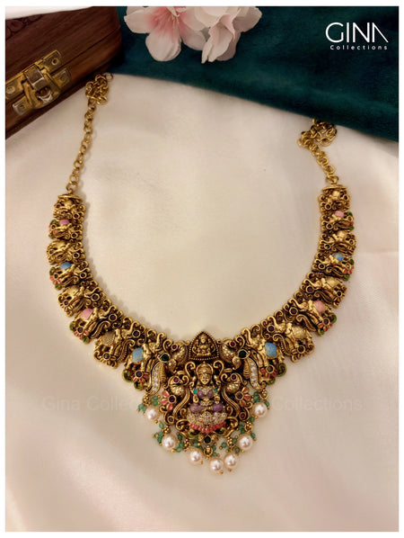 Handcrafted Nakshi Lakshmi Peacock Temple Necklace Set with Pastel Kemp Stones and Pearls - Pastel Alternative View