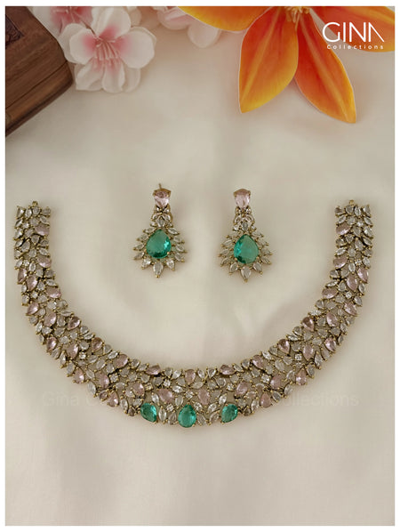 Designer Green & Pastel Pink Stone American Diamond Necklace Set