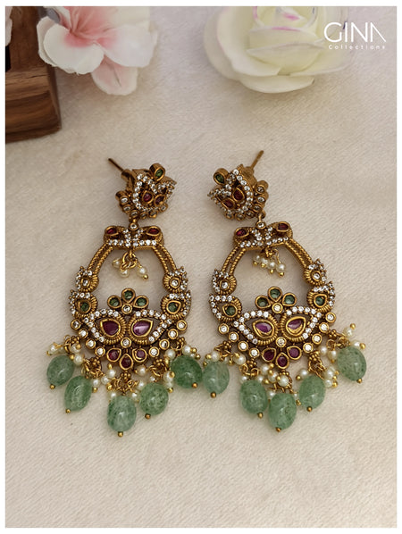 Twin Leaf Chandbali with Emerald Drops - Emerald