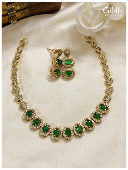Premium Stunning Emerald AD Necklace Set - Emerald