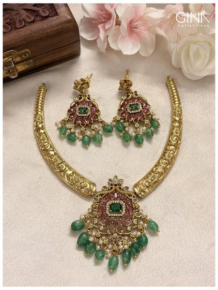 Premium Gold Plated Kanti with Emerald-Pearl Drops and Ruby Stones