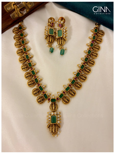 Kasulaperu Temple Style Gold Coin Necklace Set with Earrings for Women