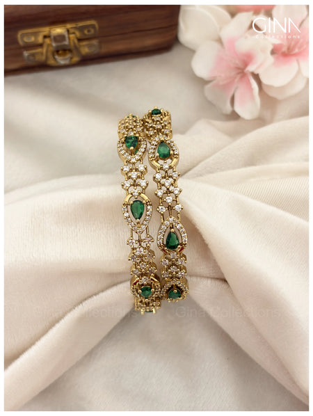 Premium Gold Plated AD Tear Drop Emerald Bangles