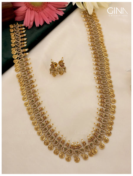 Premium South Indian Temple Long Haram Necklace Set with Earrings