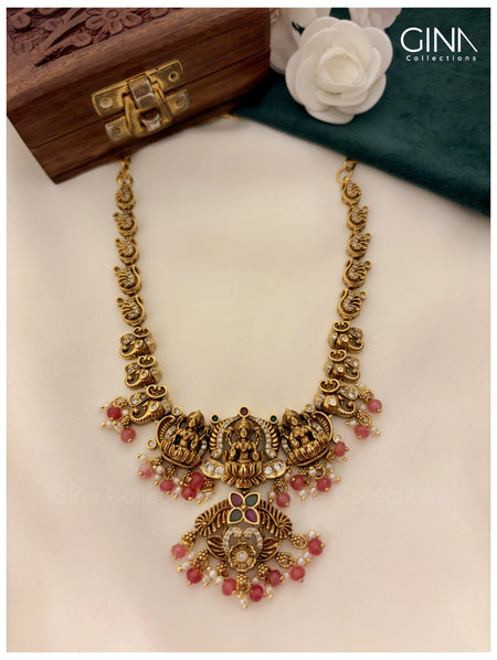 Handmade Nakshi Lakshmi Temple Necklace Set with Pink Beads Alternative View
