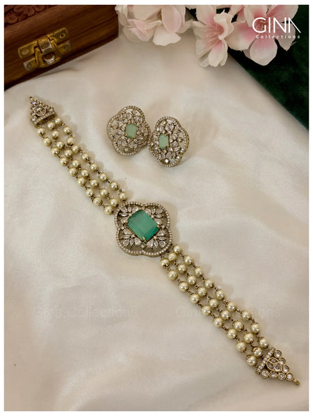 Designer Mint Green Stone Pearl Diamond Look Choker Necklace for Women
