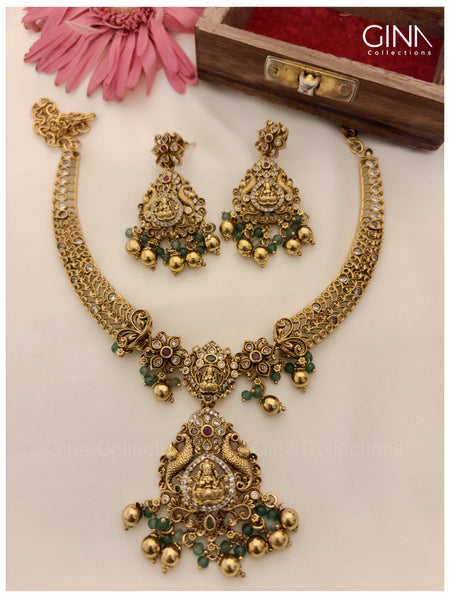 Handcrafted Nakshi Lakshmi Hasli Necklace Set with Green Beads - Green