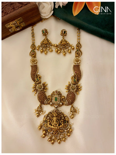 Handmade NakshI Lakshmi Peacock Temple Necklace Set with Green Kemp Stones
